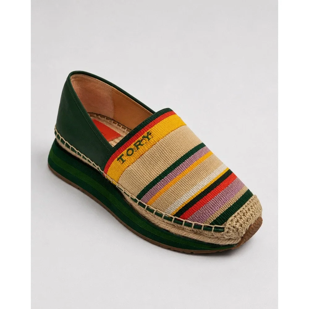 Tory Burch Multi-Color Striped Knit Platform Espadrille Shoes Green Womens‎ 6.5